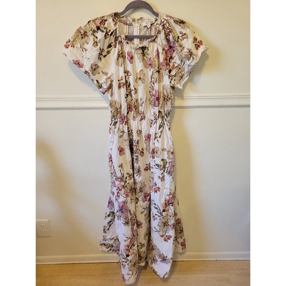 Rtr midi sz 12 Adam Lippes pink floral shirred tie waist cap sleeve dress pleat - Picture 6 of 7